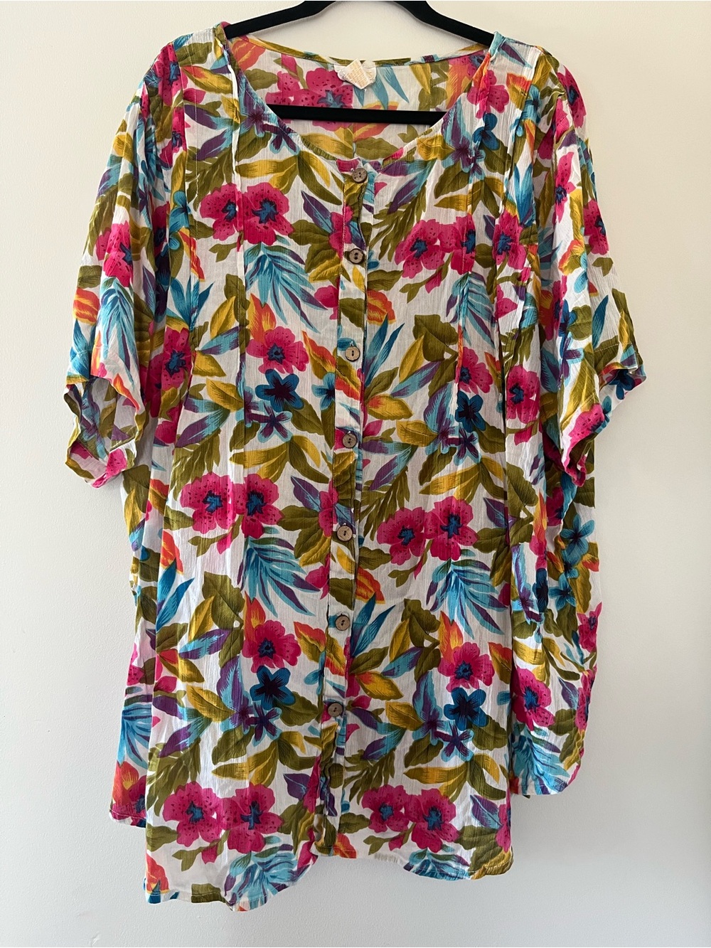 Tropical Tunic Blouse 100% Cotton 3X Pink Green Floral Beach Vacation Top